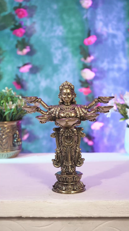 Brass Superfine Deep Lakshmi Lady with Multiple Arms Holding Diyas 8.5 inch