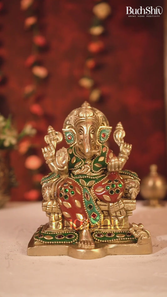 Brass Raja Ganesha on Throne Idol – Royal Handcrafted Lord Ganesha Sculpture 5.5 inch with Stonework