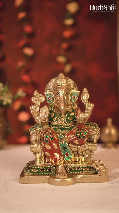 Brass Raja Ganesha on Throne Idol – Royal Handcrafted Lord Ganesha Sculpture 5.5 inch with Stonework
