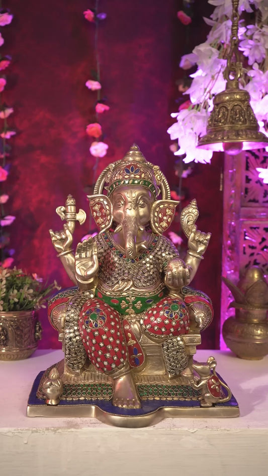 Brass Raja Ganesha on Throne Statue | Highly Detailed Large Idol 15 inch with Stonework