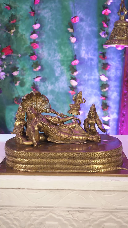 Brass Ananta Shayana Vishnu on Sheshanaag with Bhudevi, Sridevi & Brahma 15.5 inch wide