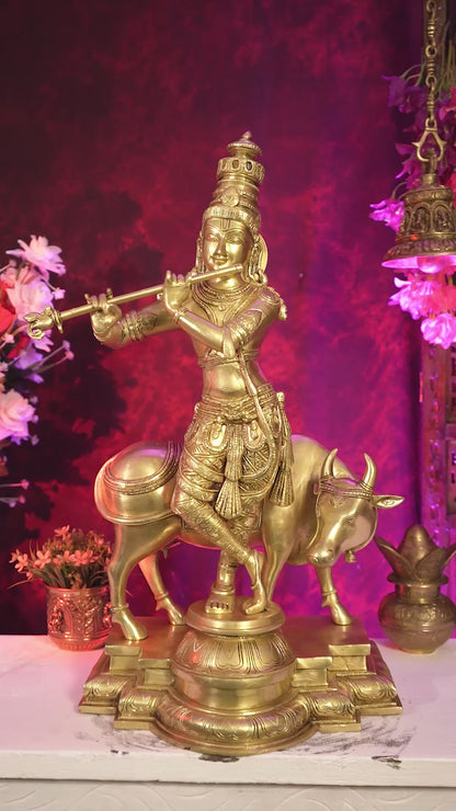 Brass Krishna with cow sleek and simple Sculpture 27 inch