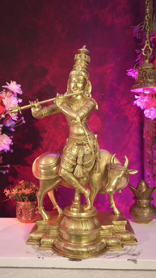 Brass Krishna with cow sleek and simple Sculpture 27 inch