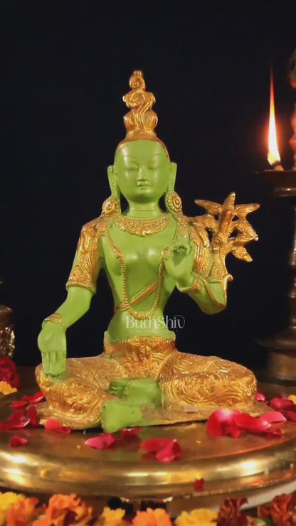 Pure Brass Green Tara Statue with Antique Sand Finish Henna Touch 10.5"