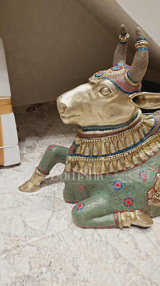 Majestic Pure Brass Large Nandi Sculpture Idol Statue with Stonework | 82 inch