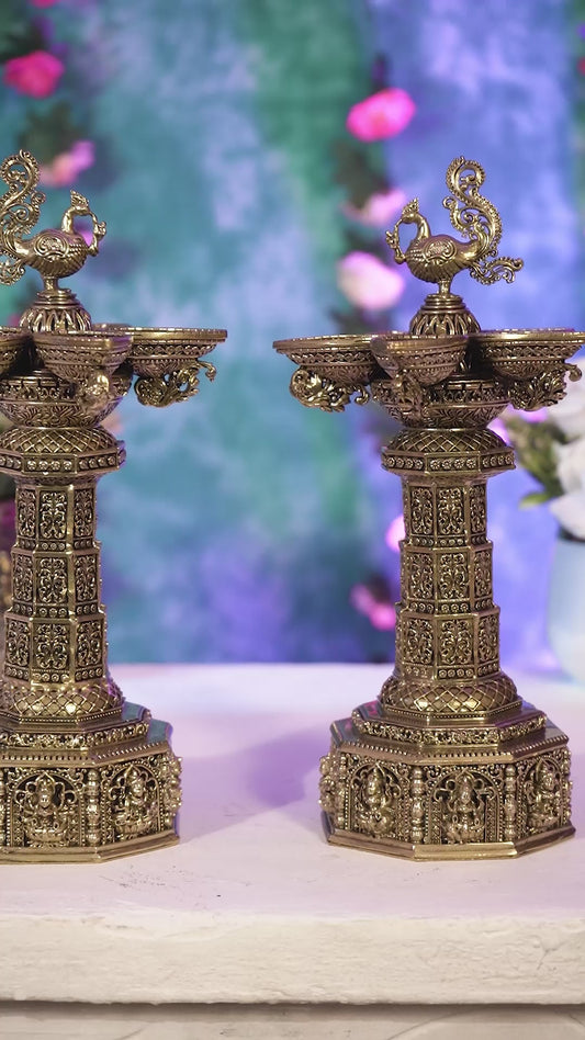 Brass Superfine Ashtalakshmi Annam Vilakku Diya Pair – Tower Style Auspicious Oil Lamps (10 Inches)