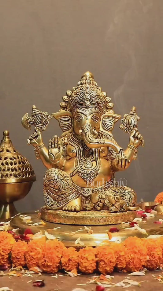 Exquisite Brass Lord Ganesha statue 11 inch with enhanced carvings