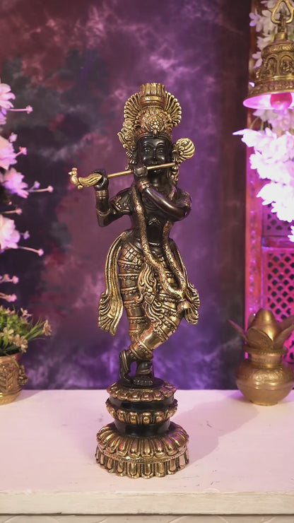 Brass Krishna Statue Unique Design 20 inch black and gold finish