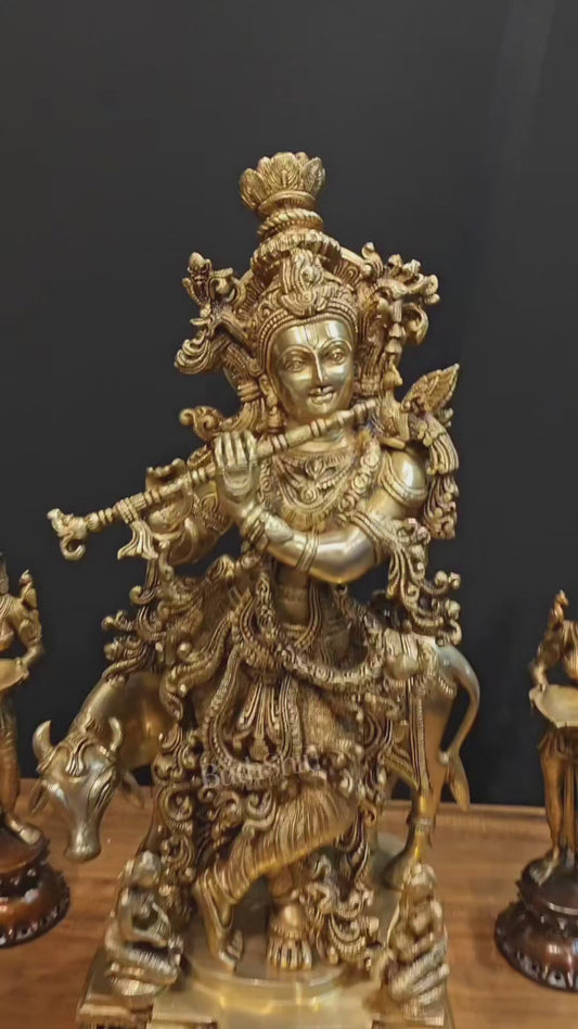 Pure Brass Lord Krishna with Cow – Grand Sculpture with Krishna Leela Base 29 inch