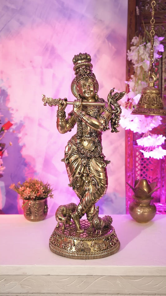 Brass Superfine Large Krishna with Cow & Peacock Idol | Highly Detailed | Pure Brass Govinda Sculpture