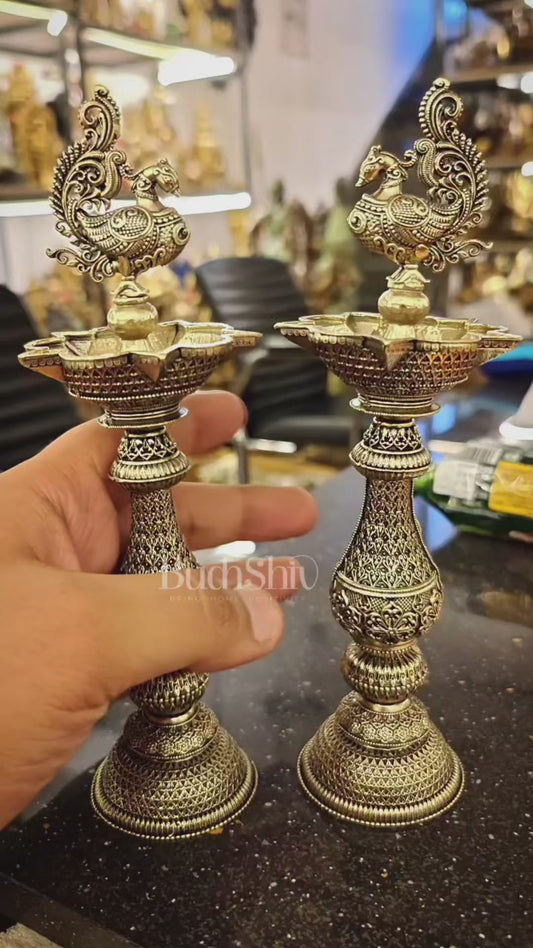 Pure Brass Superfine Annam Design Peacock samai diya – Intricate Design 8 inch pair
