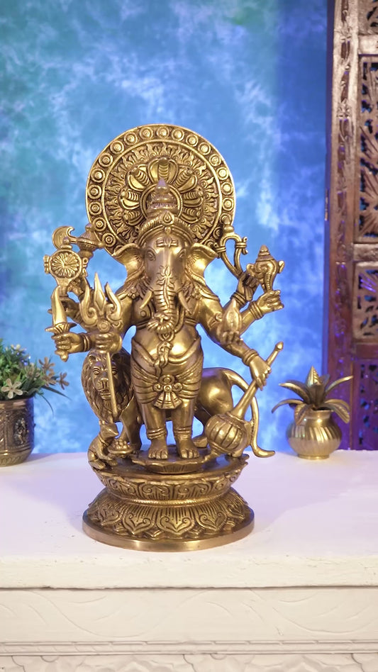Large Brass KanaDrishti Ganesha Standing with Lion Statue 18 inch dull gold