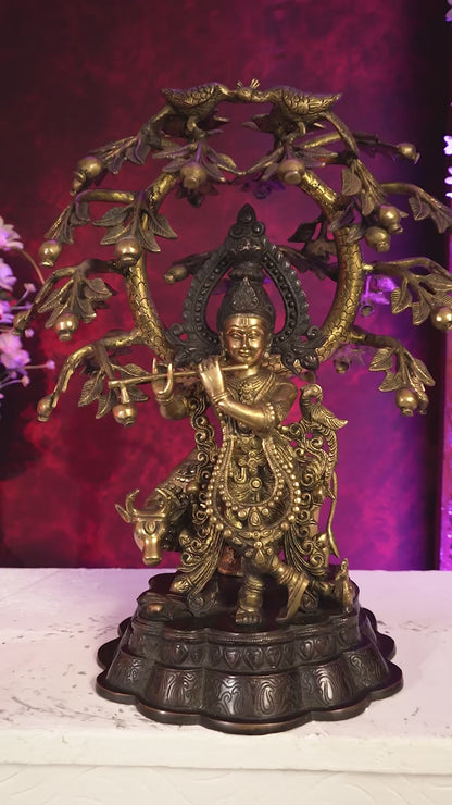 Dual Tone Brass Krishna with Cow Under Large Tree | 22 Inch Statue