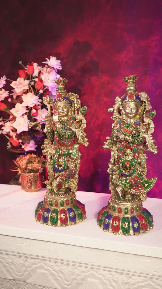 Brass Radha Krishna Idols on Lotus Base – Fine Craft Divine Pair (21 Inch) meenakari Stonework