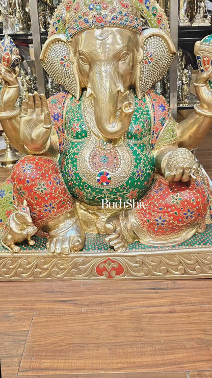 Pure Brass Ganesha Statue with Meenakari Stonework 33 inch
