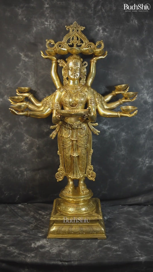 Brass Deep Lady with Multiple Arms & Diyas – Grand Traditional Welcome Statue (48 Inch)
