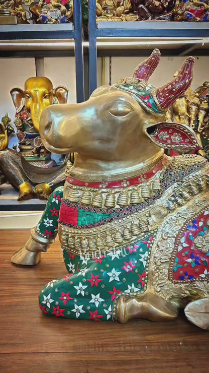 Handcrafted Brass Nandi Bull Statue with Stonework 35 inch