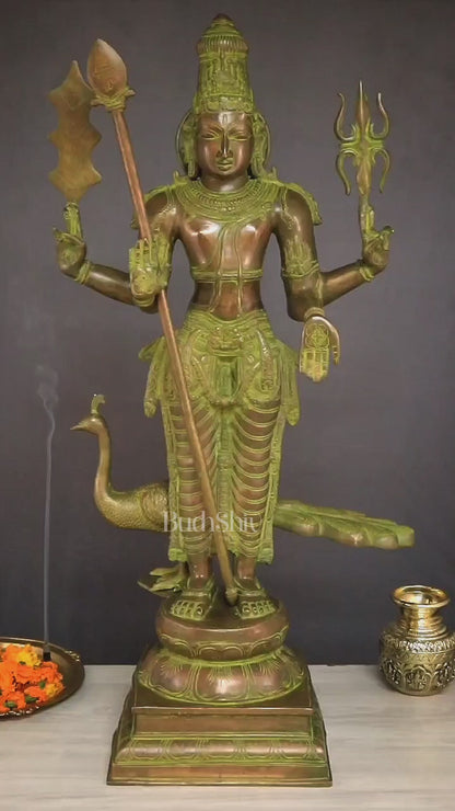 Vintage Brass Lord Kartikeya Murugan Kumarswamy Large Statue – Bronze Tone 37"