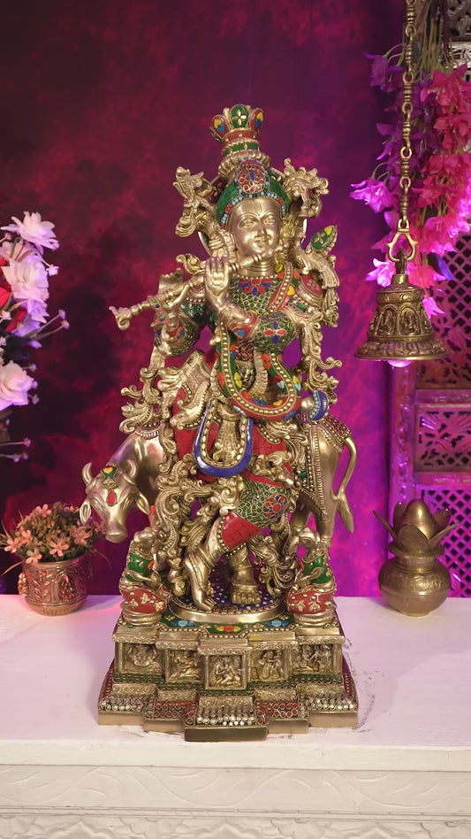 Pure Brass Lord Krishna with Cow with stonework 29 inch