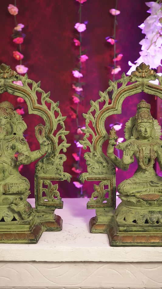 Brass Ganesh Lakshmi Large - Antique green sand patina - 16 Inch