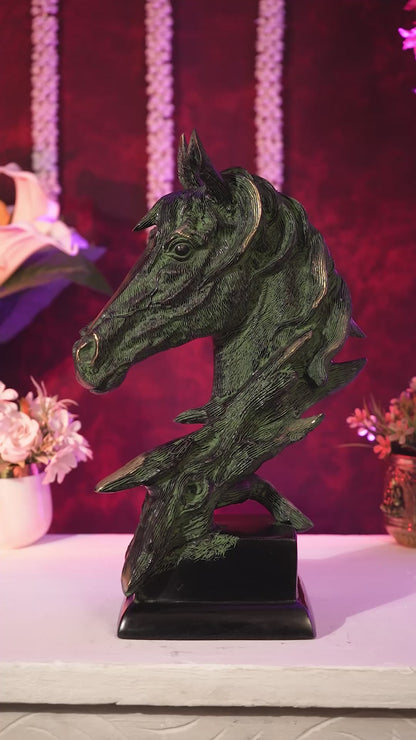 Brass Horse Face Decorative Showpiece (15 Inch) black and green