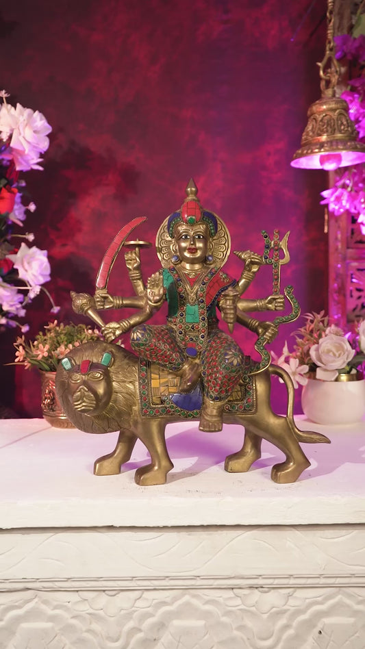Handcrafted Goddess Durga/Sherawali Mata Statue – 14" Height, Intricate Stonework