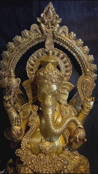 Large Brass Ganesha Statue with Kirtimukha Prabhavali | Temple Grade