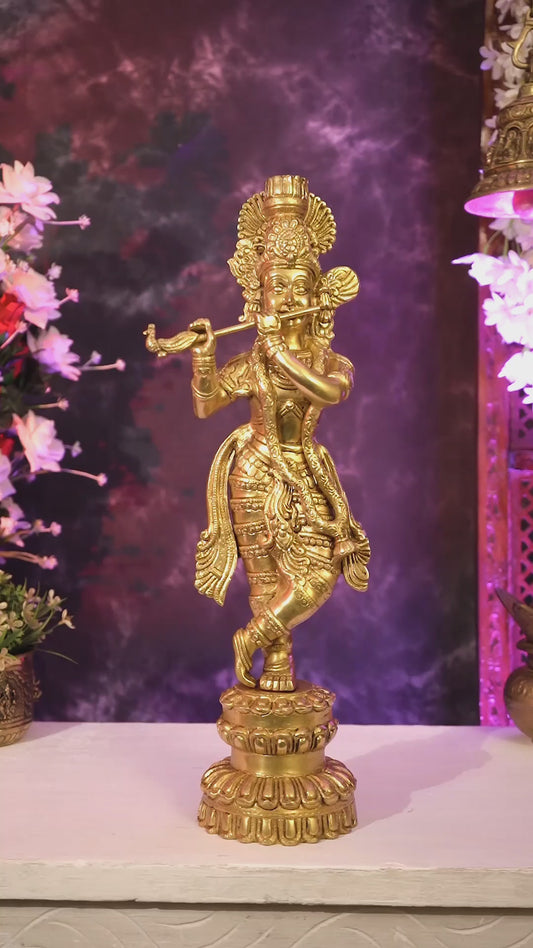 Brass Krishna Statue Unique Design | Pure Brass Lord Krishna Sculpture 20 inch