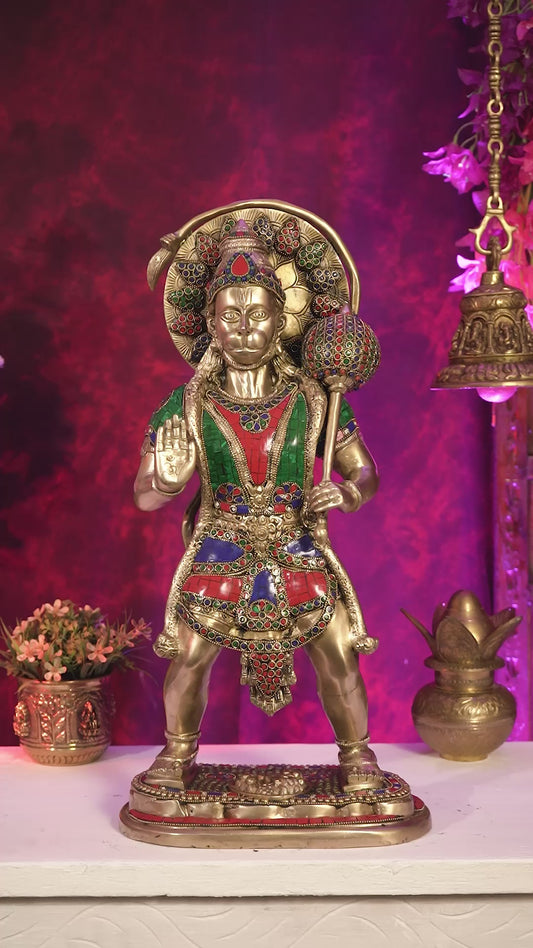 Pure Brass Standing Hanuman Statue 22 inch with Stonework