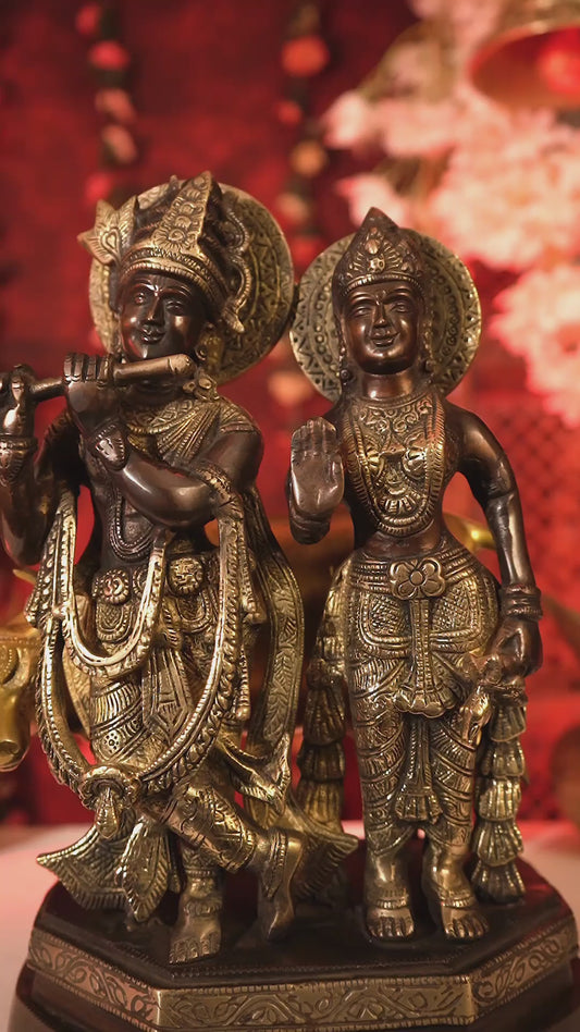 Brass Radha Krishna with Cow Idol – Three Tone Antique Finish 13 inch