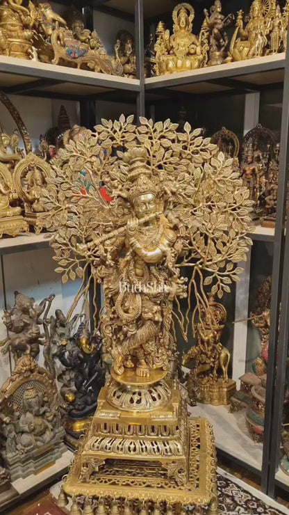 Handcrafted Brass Lord Krishna with Kalpavriksha Statue - 36 inch shiny gold