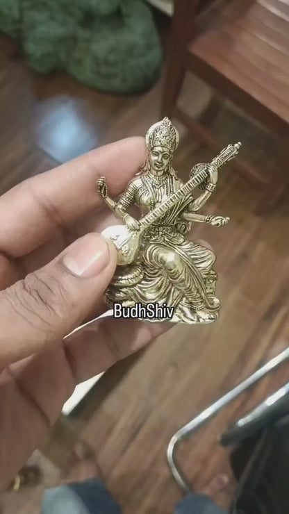 Brass Superfine Saraswati Miniature Idol - 3" Tall