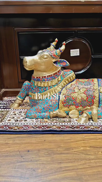 Handcrafted Large Nandi Bull Statue with Natural Stones and Pure Brass Wirework - 21x35x15 inch