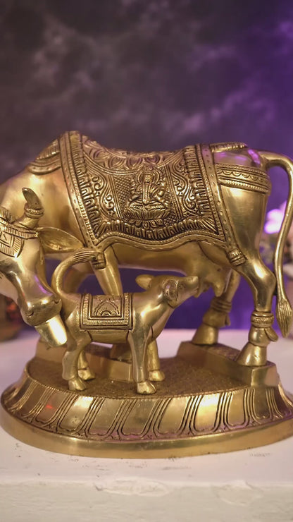 Pure Brass Superfine Kamadhenu Cow with Calf - 10 inch enhanced carvings