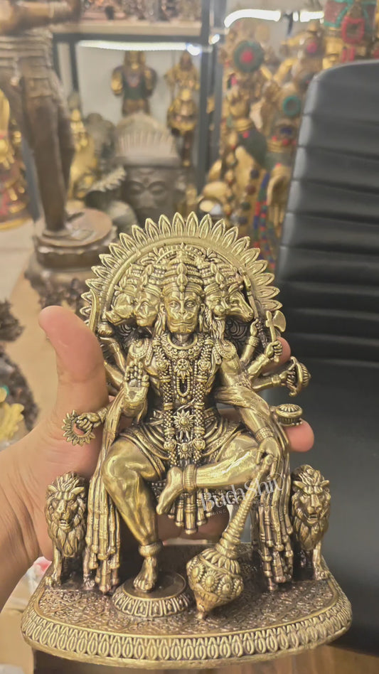 Brass Panchmukhi Hanuman Idol Sitting on Throne intricate 8 inch