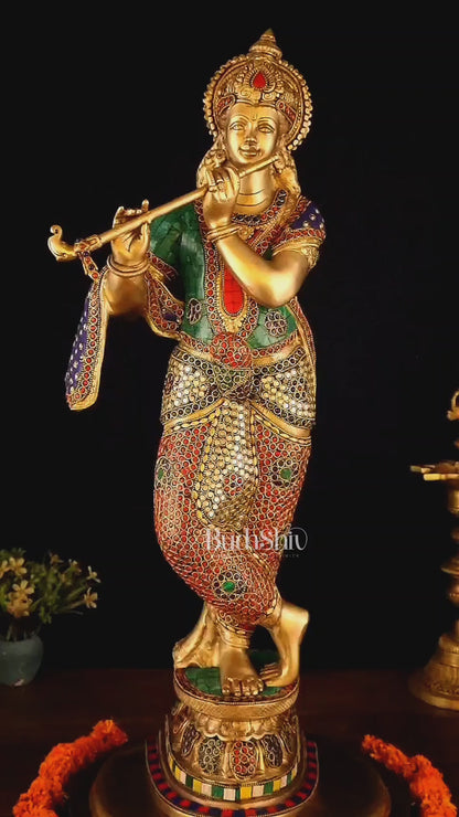 Brass Superfine Lord Krishna Sculpture - 26.5" stonework