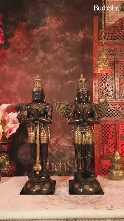 Brass Hanuman & Garuda Statue Pair Black Finish Chola Inspired – Divine Standing Sculptures (24 Inches)