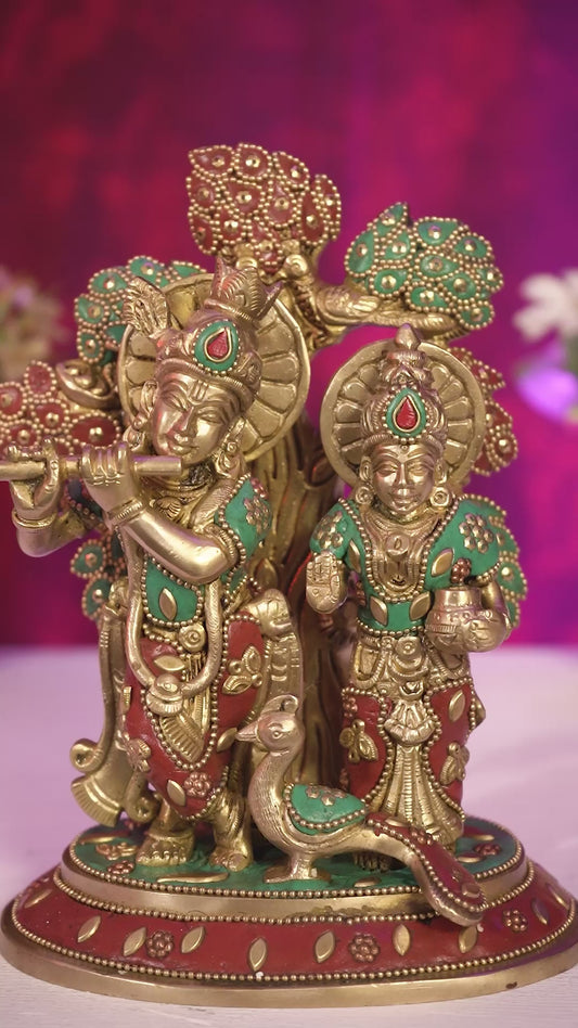 Pure Brass Superfine Radha Krishna Standing Under Kalpavriksha Statue 8 inch with Stonework