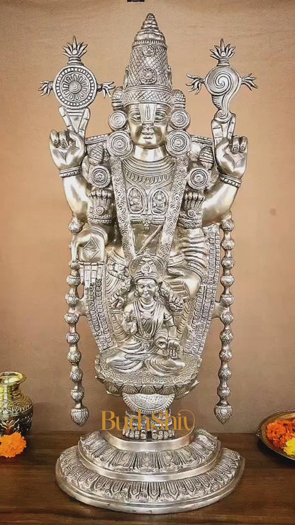 Pure Brass Lord Tirupati Balaji silver plated Statue with Goddess Padmavathi Engraved - 34.5 Inch