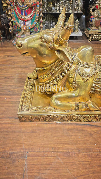 Brass Large Nandi Statue with Intricate Carvings (36X24 Inch, 73 Kg)