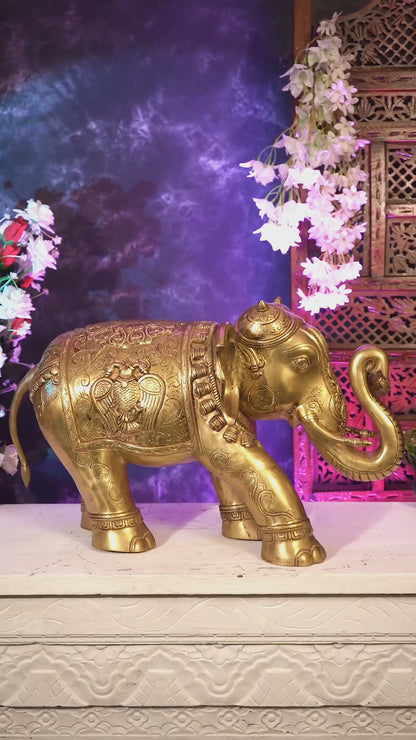 Pure Brass Large Elephant with trunk up Statue with Enhanced Carvings 26"