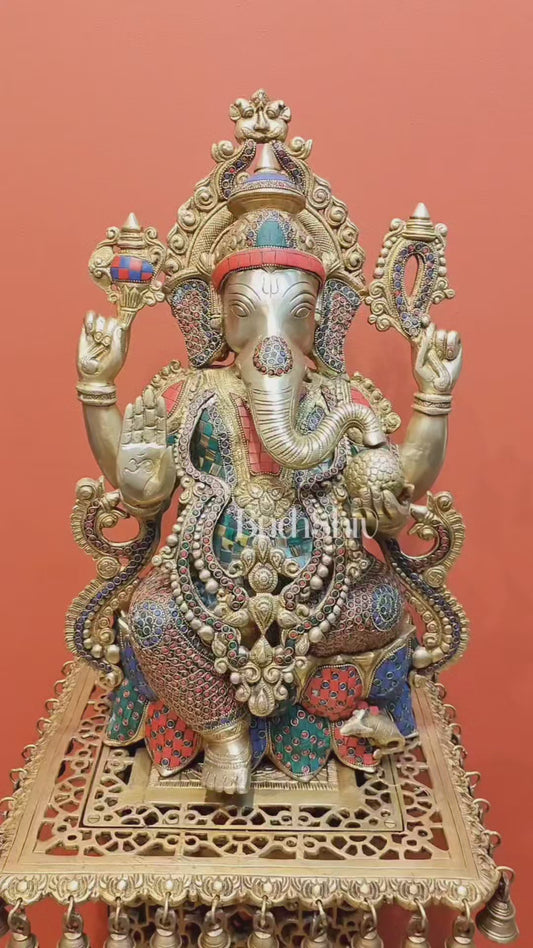 Exquisite 21 Inch Brass Ganesha Statue Seated on Lotus with Stonework
