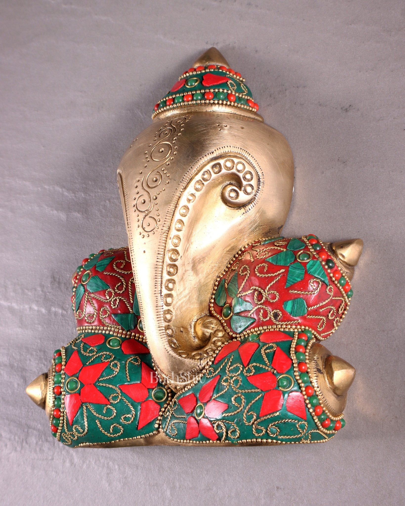 Pure Brass Abstract Lord Ganesha Wall Hanging with Floral Stonework 7" - Budhshiv.com