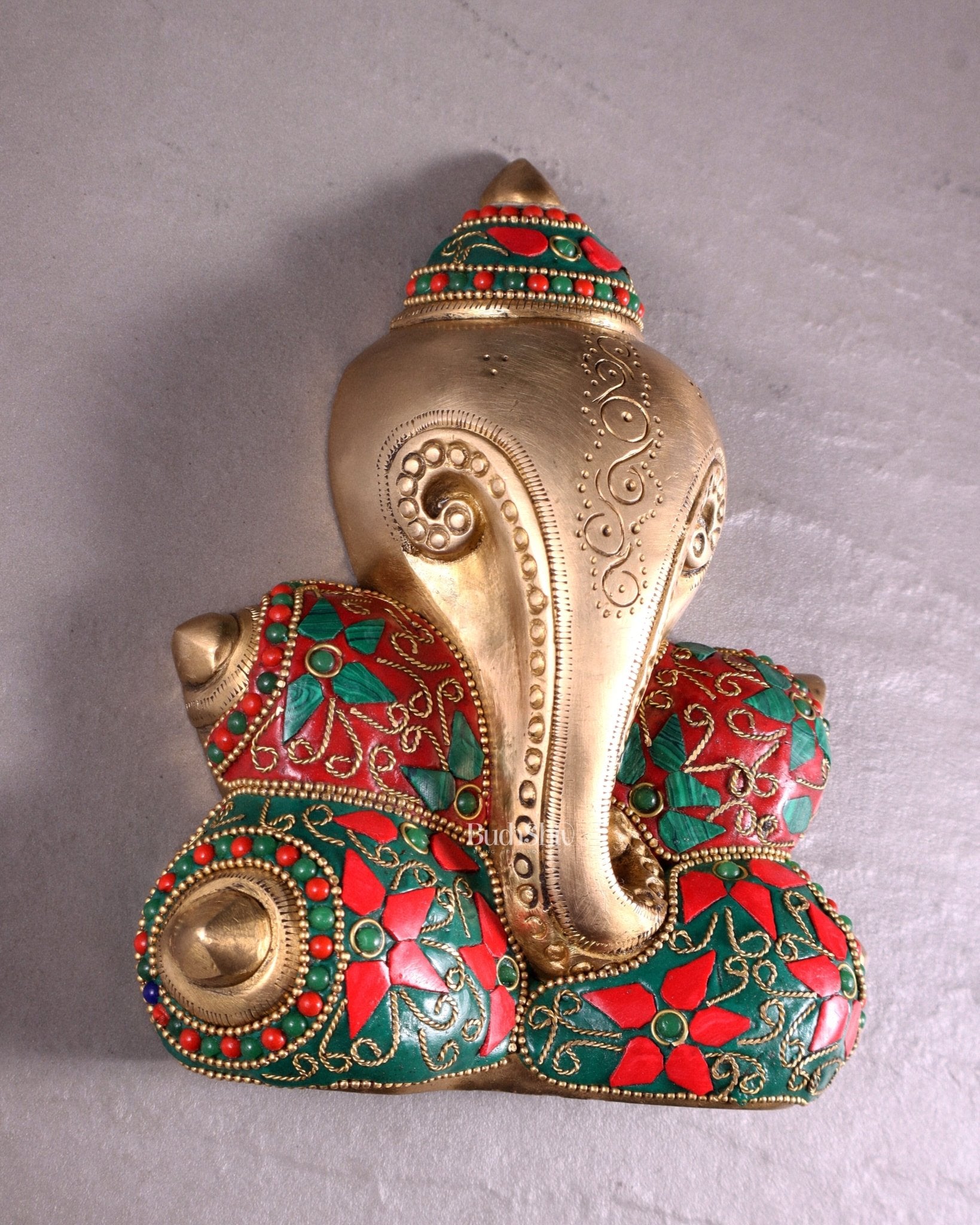 Pure Brass Abstract Lord Ganesha Wall Hanging with Floral Stonework 7" - Budhshiv.com
