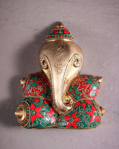 Pure Brass Abstract Lord Ganesha Wall Hanging with Floral Stonework 7" - Budhshiv.com
