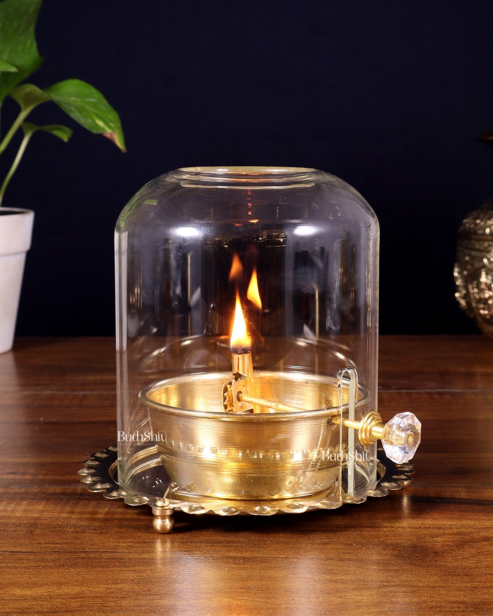 Pure Brass Akhand Diya with Glass Cover & Adjustable Baati - Budhshiv.com