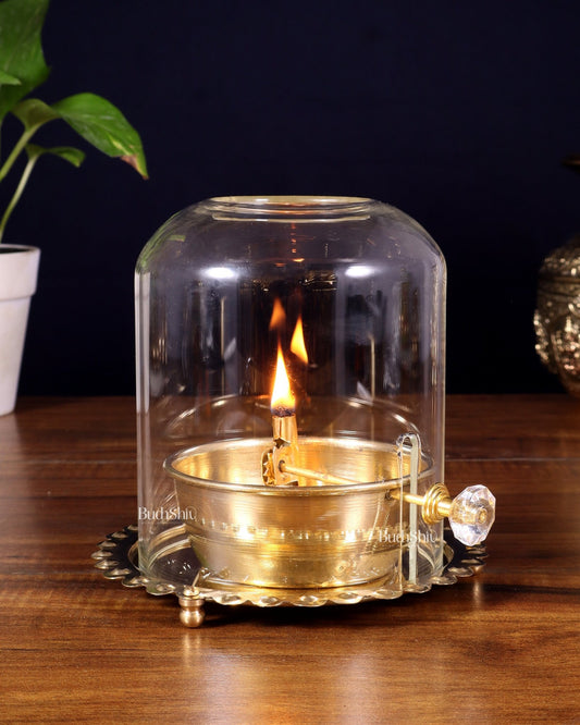 Pure Brass Akhand Diya with Glass Cover & Adjustable Baati - Budhshiv.com