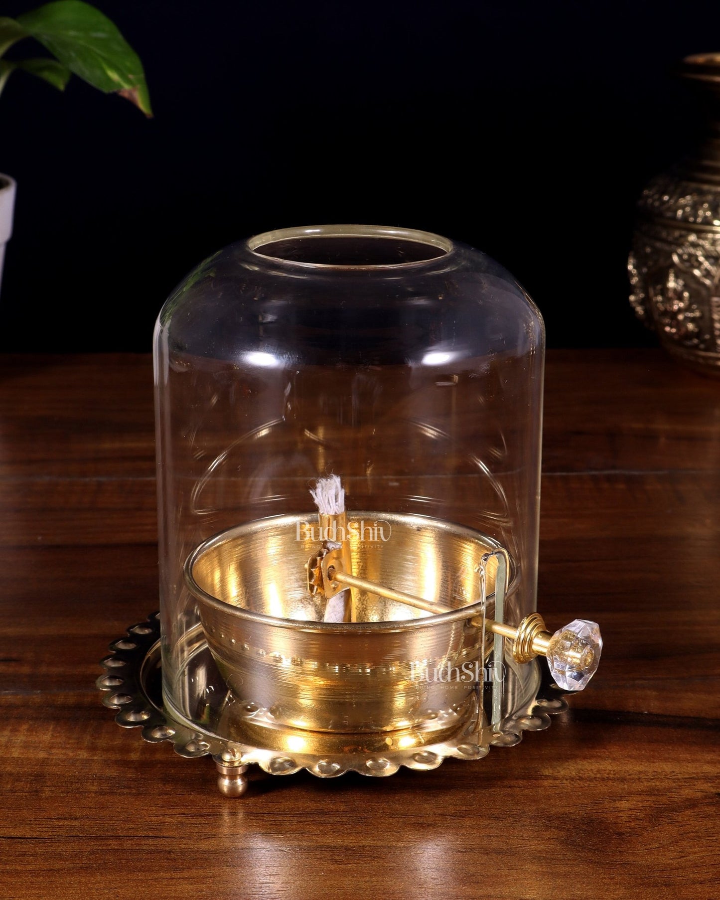 Pure Brass Akhand Diya with Glass Cover & Adjustable Baati - Budhshiv.com