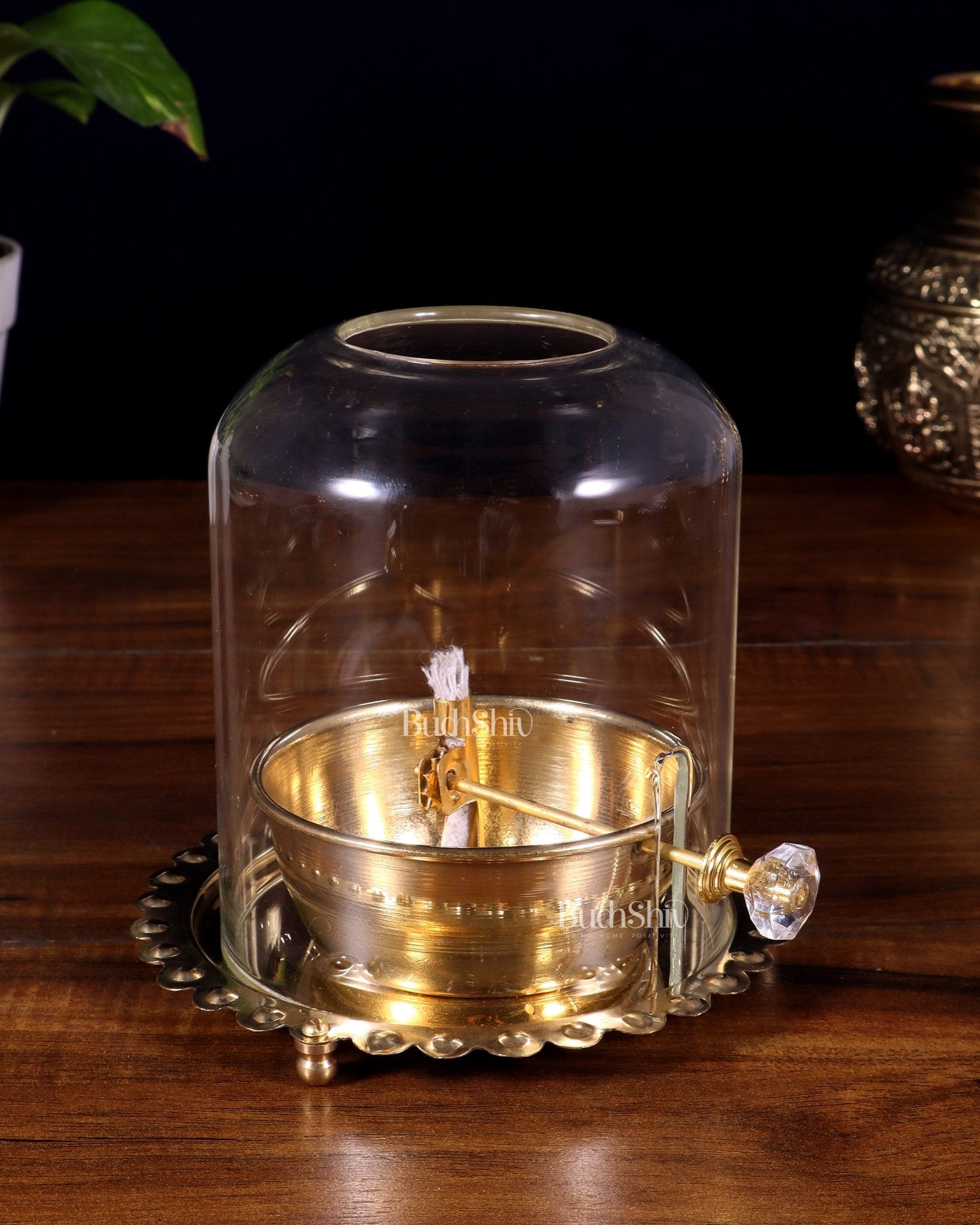 Pure Brass Akhand Diya with Glass Cover & Adjustable Baati - Budhshiv.com