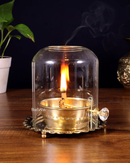 Pure Brass Akhand Diya with Glass Cover & Adjustable Baati - Budhshiv.com